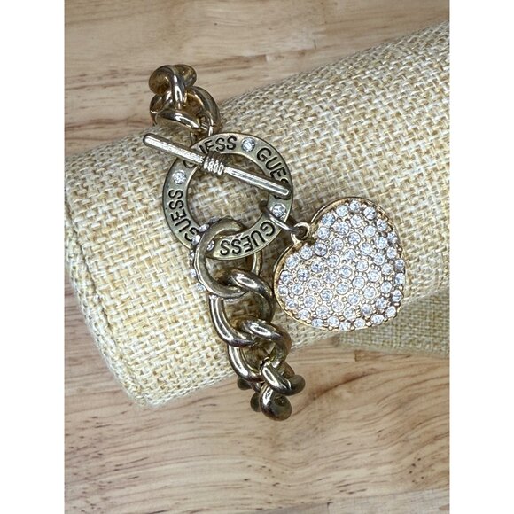 Guess Gold-Tone Chain-Link Toggle Bracelet With Pave Crystal Heart Charm - Picture 2 of 13